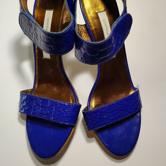 Cynthia Vincent Strappy Open Toe Heel Pumps Faux Reptile Skin Patent Leather - Picture 4 of 8